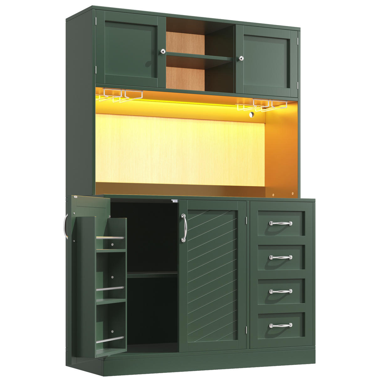 BUFFETSCHRANK 120/40/188 cm mit LED-Beleuchtung, 4 Türen, 2 Schubladen und Getränkehaltern, Grün - Grün, Holzwerkstoff (120/188/40cm) - Redom