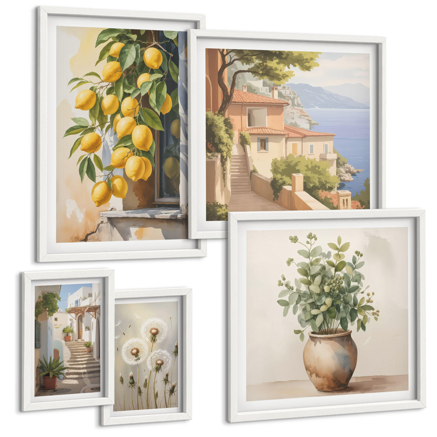 BILDER SET 5er Set - 50x50 cm & 20x30 cm & 40x60 cm Weißer Rahmen - Lemon Streets Meerblick - Weiß, Kunststoff (40/60cm) - TULUP