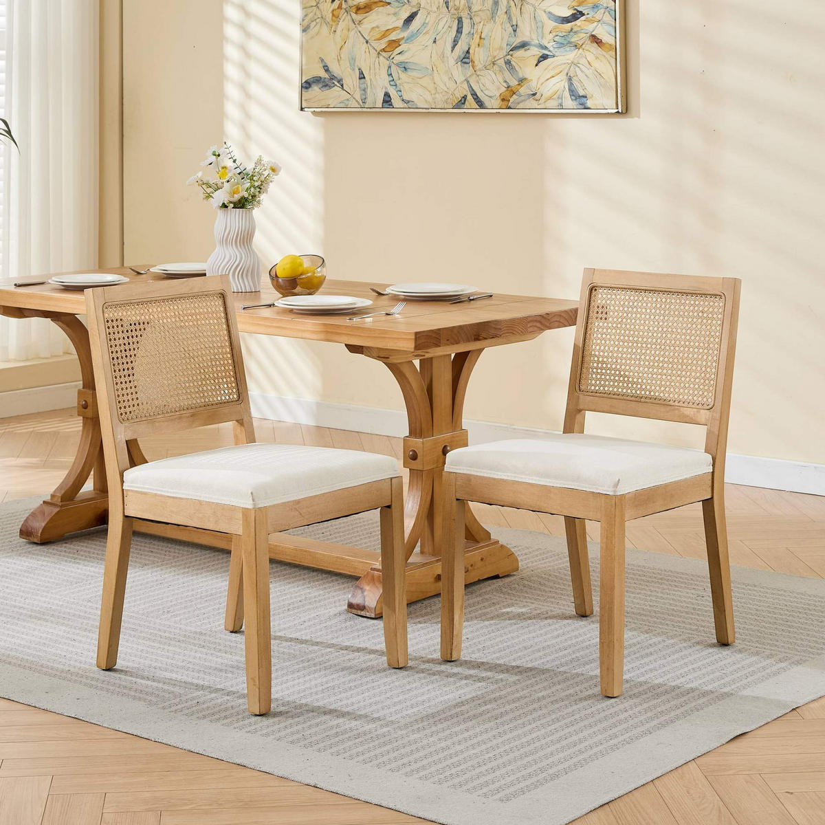 ESSZIMMERSTUHL mit Rattangeflecht Leinen Beige 2er-Set - Beige, Holz (48/86.5/56cm) - Meubliv