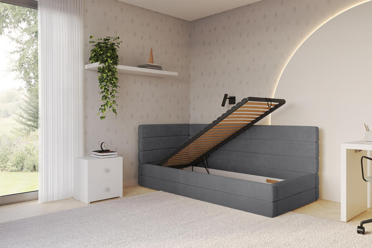EINZELLBETT Jugendbett mit Bettkasten, Rechts - BEMY 90x200 Dunkelgrau - Schieferfarben, Holzwerkstoff/Textil (90/200cm) - ALTDECOR