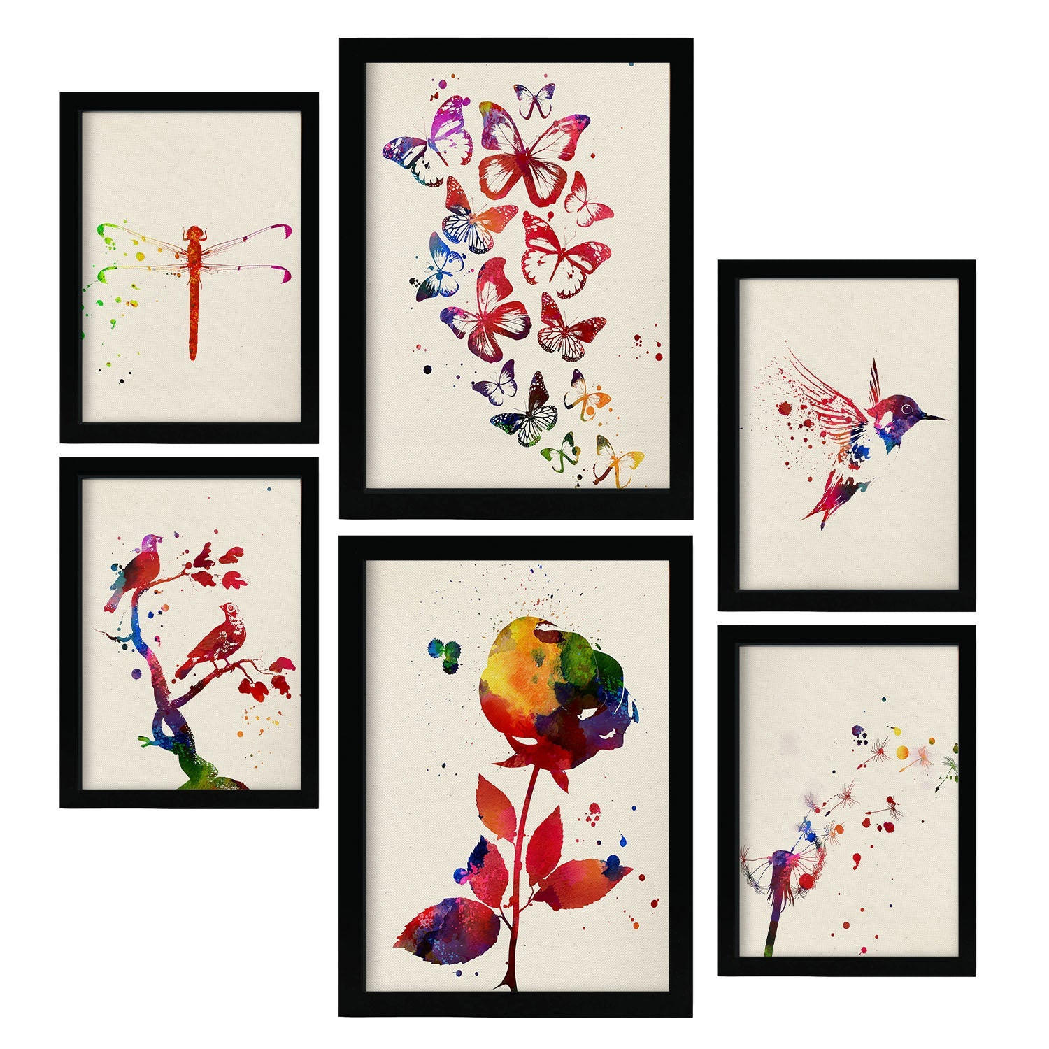 POSTER Set Mit 6 Natur Illustrationen Im Aquarell Stil Von Pflanzen, Blumen, Schmetterlingen Und Vögeln Innenarchitektur A3 & A4 Schwarzer Rahmen - Schwarz, Papier (29/3cm) - Nacnic
