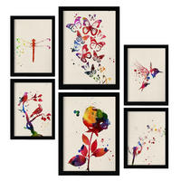 POSTER Set Mit 6 Natur Illustrationen Im Aquarell Stil Von Pflanzen, Blumen, Schmetterlingen Und Vögeln Innenarchitektur A3 & A4 Schwarzer Rahmen - Schwarz, Papier (29/3cm) - Nacnic