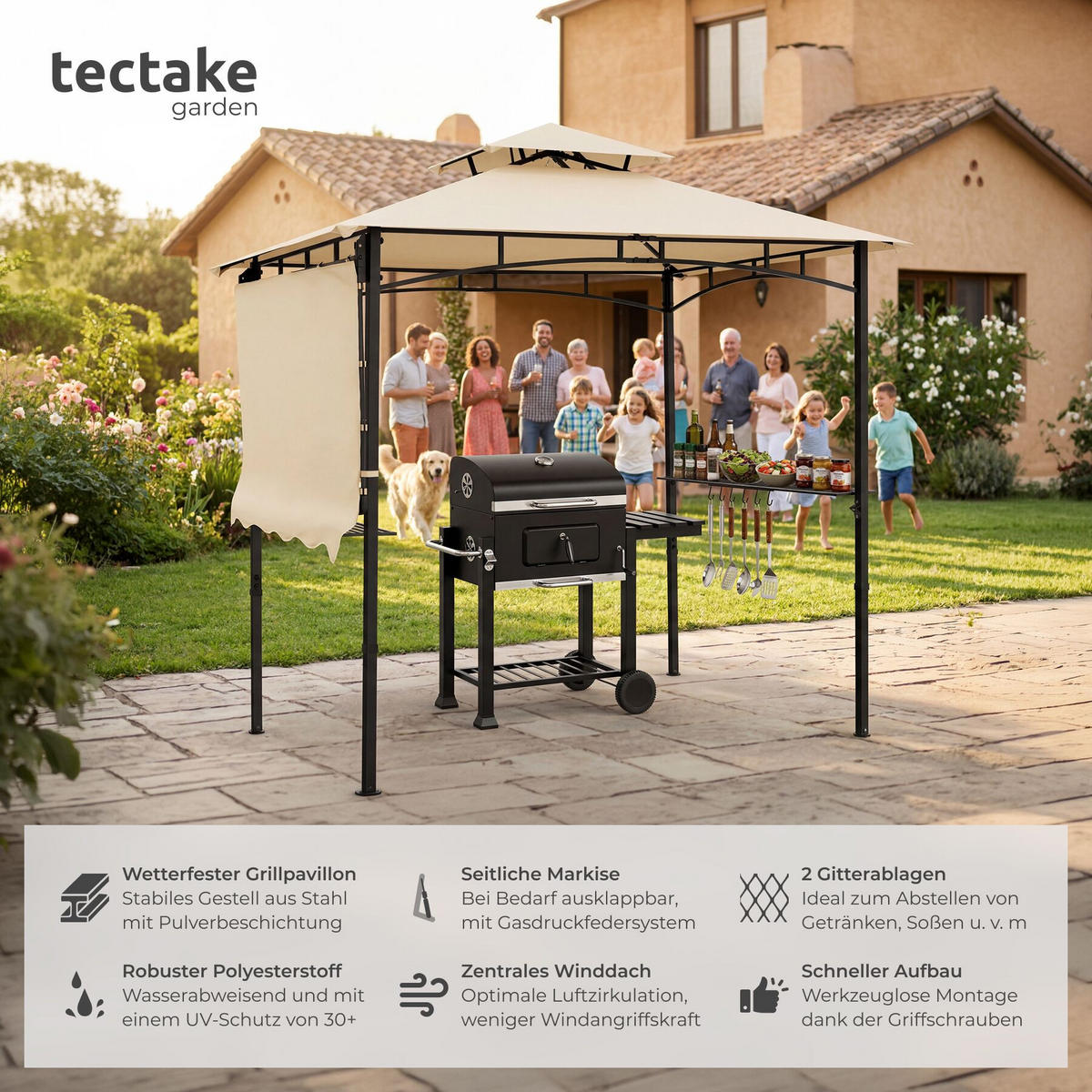 GRILLPAVILLON Maracaibo, 316 x 150 x 250 cm, Sand - Sandfarben, Kunststoff (150/250/316cm) - tectake