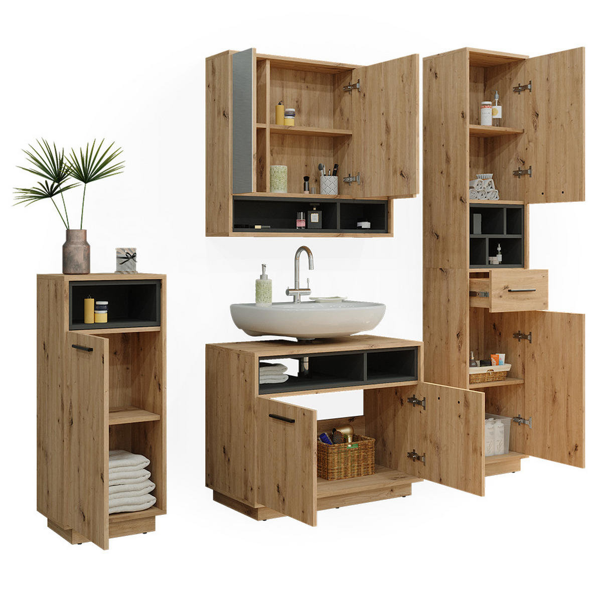 BADMÖBEL-SET Beatrice Artisan-Eiche 4 Teile - Anthrazit/Eiche Artisan, Holzwerkstoff (80/64/40cm) - Vicco