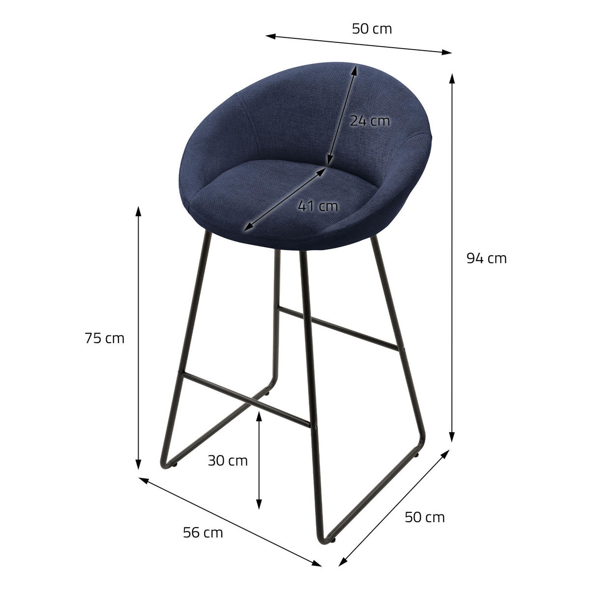 BARHOCKER 2er Set Dunkelblau mit Stoffbezug - Schwarz/Dunkelblau, Metall (56/94/50cm) - ML-DESIGN