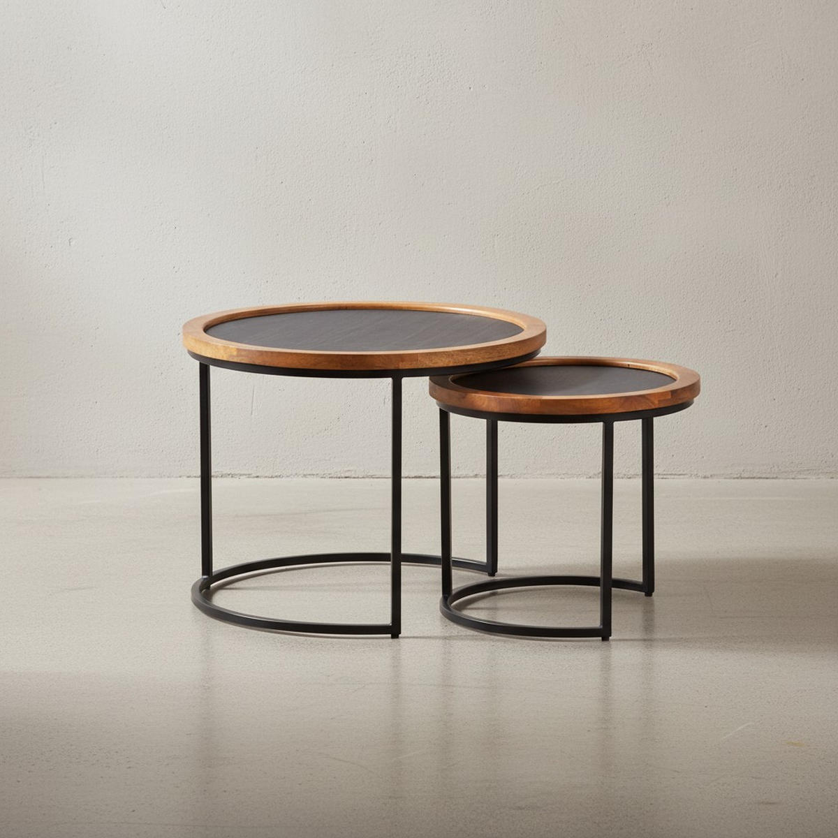 COUCHTISCH Set – 2-teilig Rund Mango Massivholz Steinoptik Metall Braun Anthrazit - Schwarz/Braun, Holz/Metall (60/60/46cm) - KADIMA DESIGN