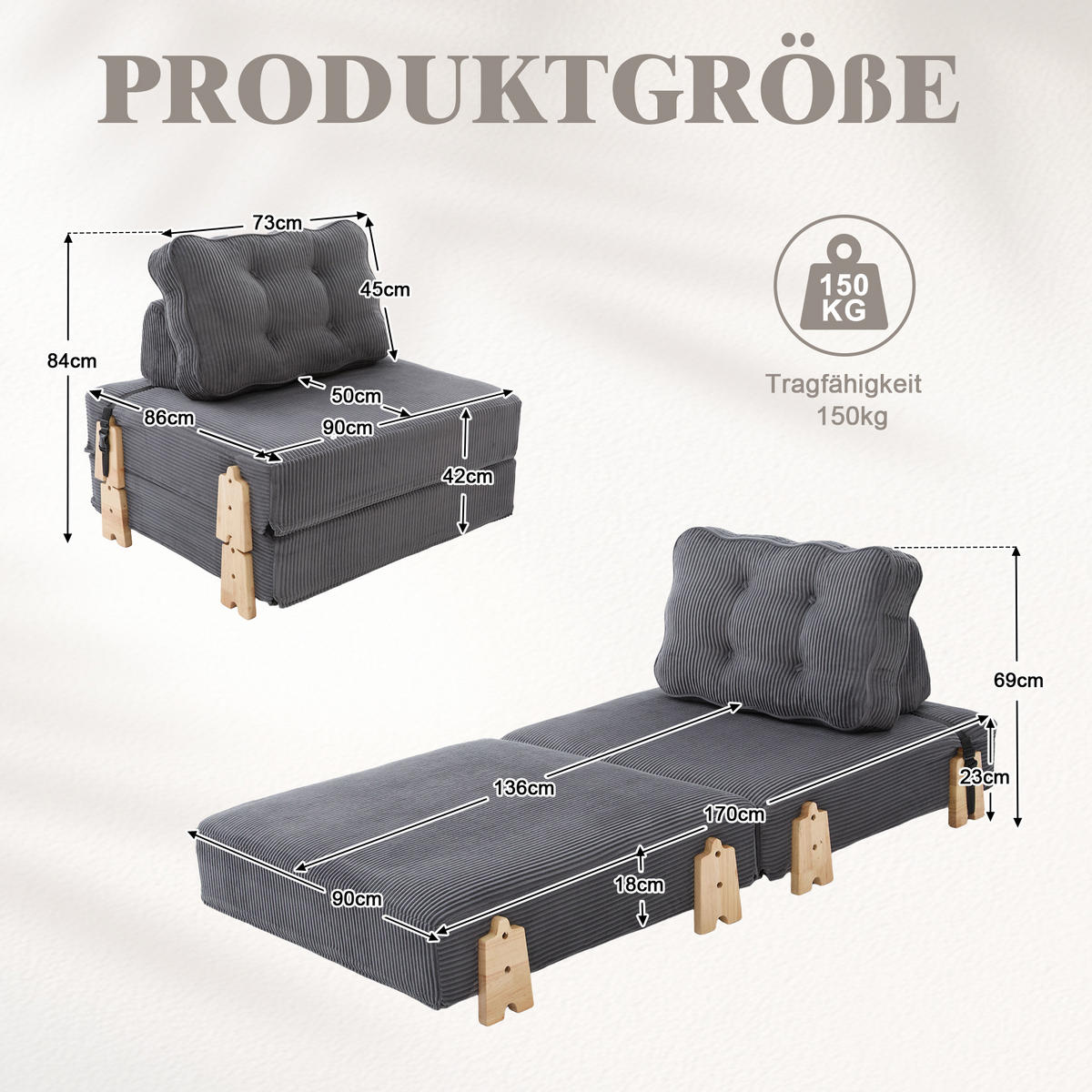 SCHLAFSESSEL ausklappbar mit Holzgestell, DE-42596, Grau - Dunkelgrau, Holzwerkstoff (90/84/86cm) - ComfortXL