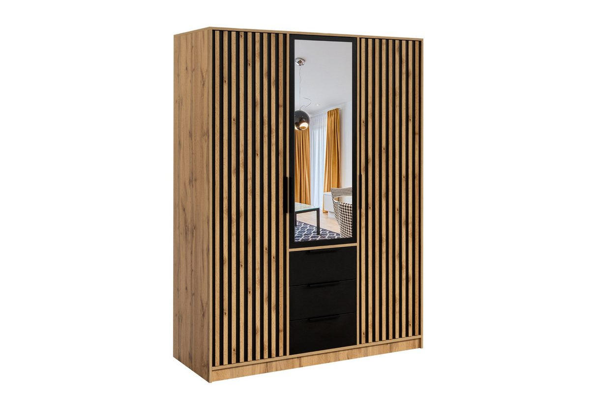 DREHTÜRENSCHRANK LABOO LUX 149/200/58 cm in Eiche Wotan / Schwarz mit Lamellen - Eiche Wotan/Schwarz, Holzwerkstoff (149/200/58cm) - Deine Möbel 24