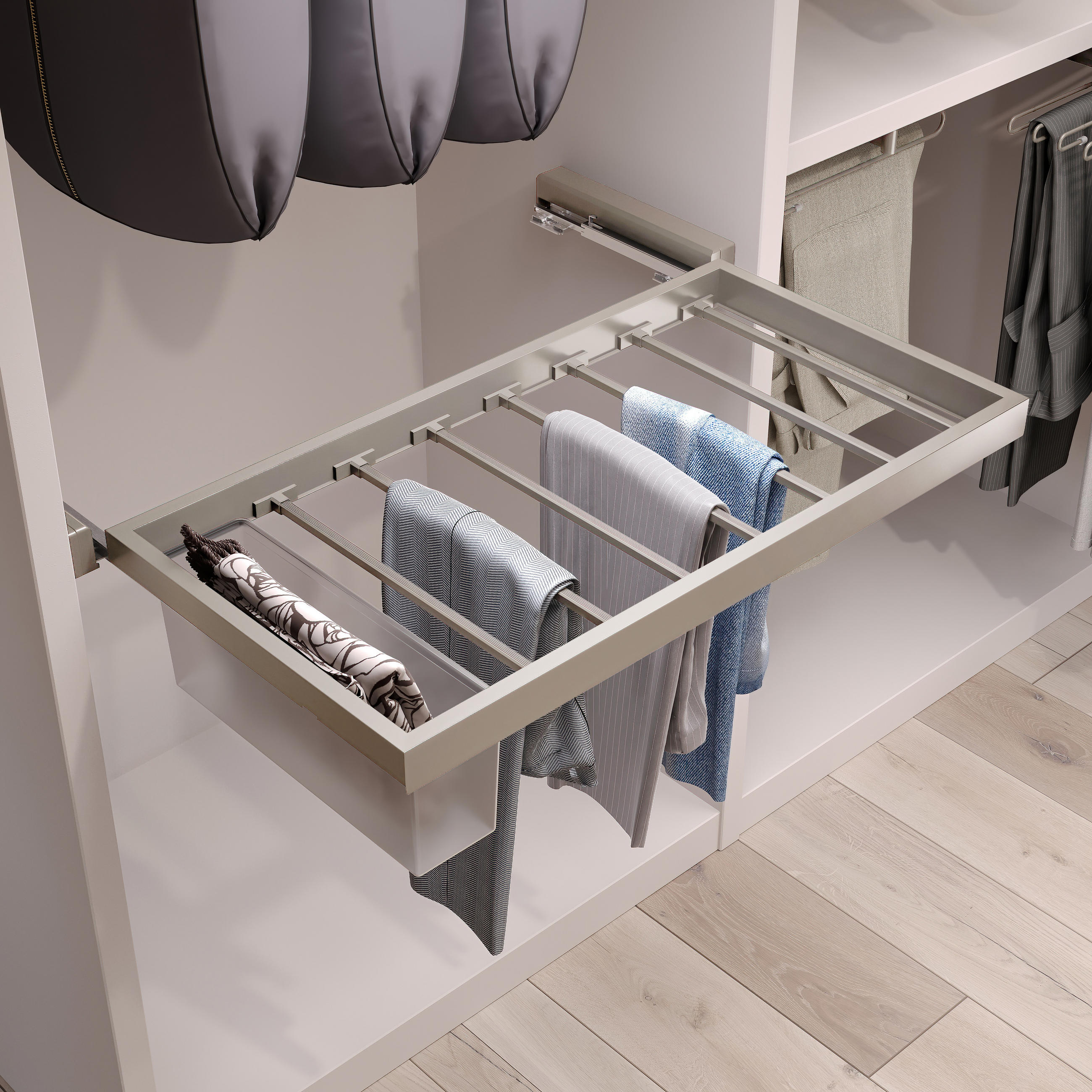 HOSENTRÄGER, 2 Ablagen und sanft schließendem Gleitrahmen für Kleiderschränke, verstellbar, Modul 900mm, Steingrau 7er-set - Grau, Metall (100/15/52.5cm) - EMUCA