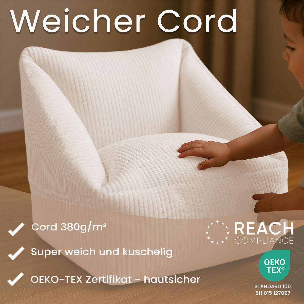 SITZSACK-SESSEL Bambino 55/60/55 cm, weicher Cord 380 g/m², mit Griff & Seitentasche, Creme - Creme, Textil (55/55/60cm) - Dreamroots