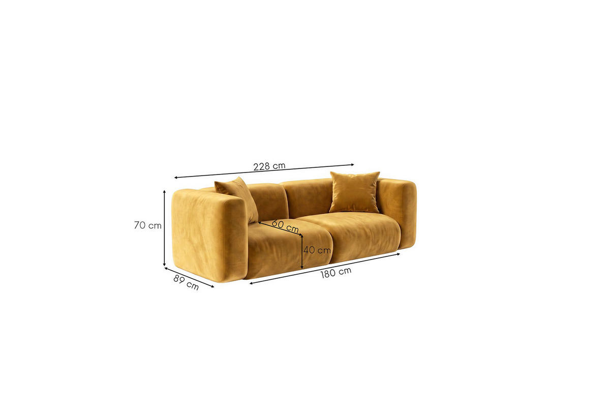 SOFA 2-Sitzer, Velvet-Stoff Bluvel, Golden, GRETA - Goldfarben, Holz (228/70/89cm) - Kaiser Möbel