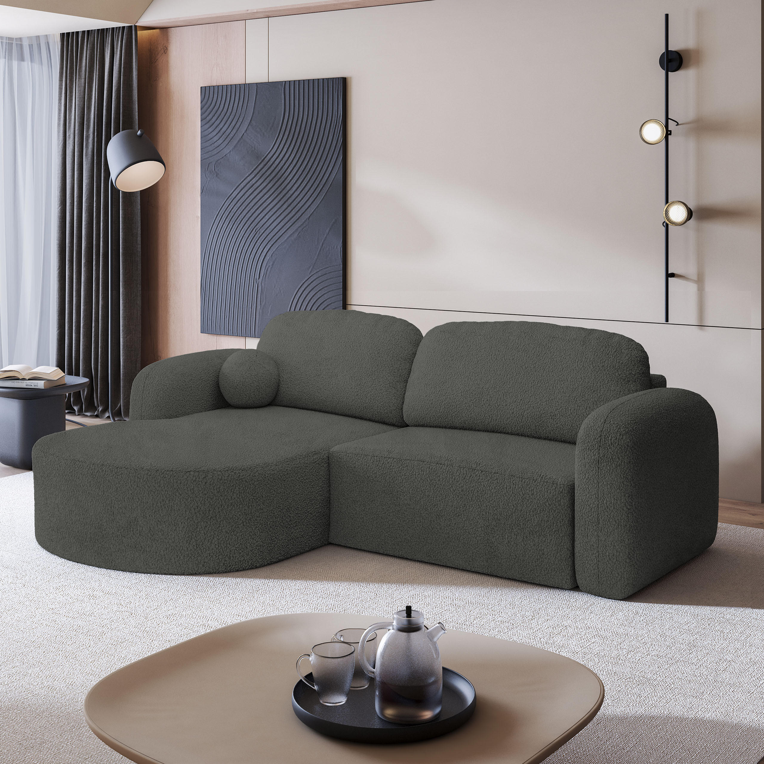 ECKSOFA AMILIA L-S Grau Boucle-Stoff mit Schlaffunktion - Grau, Holz (263/174cm) - MASSENO