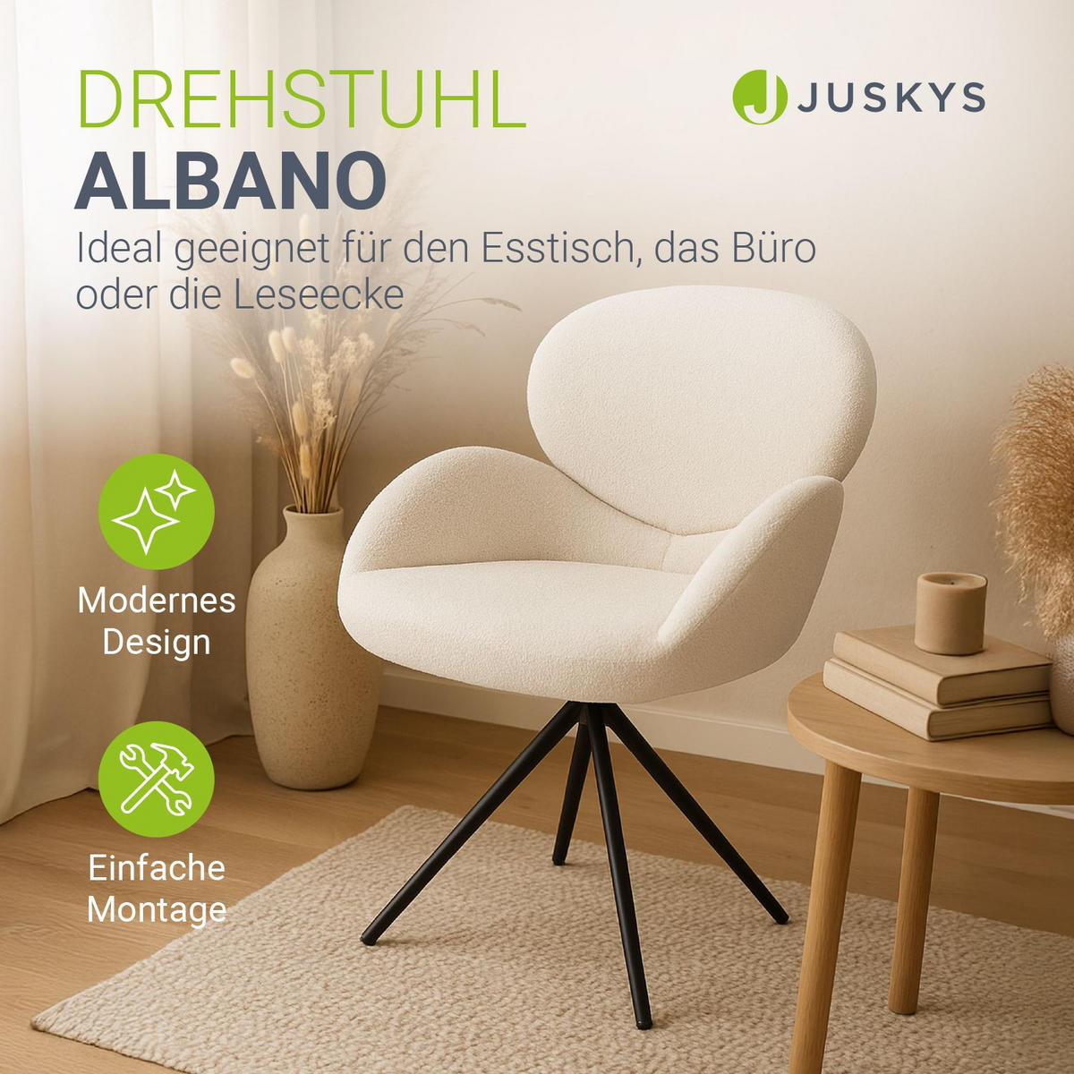 DREHSTUHL Albano Bouclé Creme (6er-Set) - Creme, Textil (59/90/65cm) - Juskys