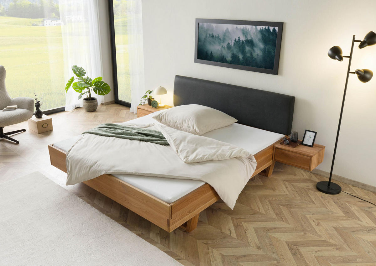 BETT mit Nachttisch Massivholz Eiche 160 x 200 x 86 natur FICHTELBERG #34 - Anthrazit/Naturfarben, Holz (160/200cm) - Massivmoebel24