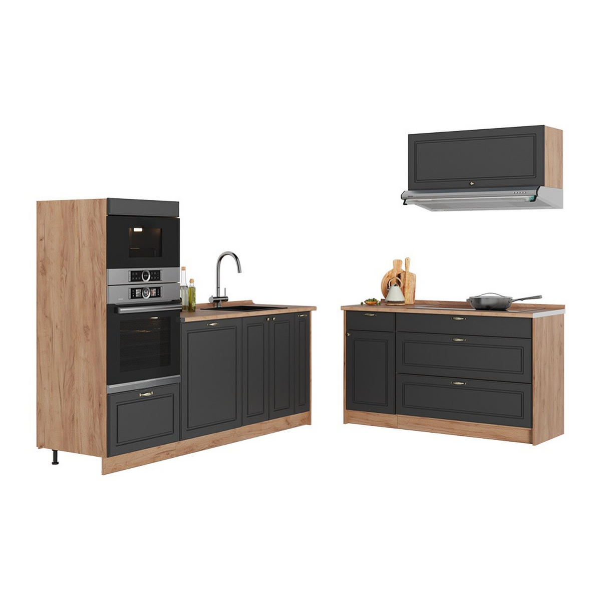 KÜCHENZEILE Fame-Line, Anthrazit-Gold Landhaus/Goldkraft Eiche, 340 cm, AP Marmor - Honigeiche/Anthrazit, Holzwerkstoff (340/153.6/60cm) - Vicco