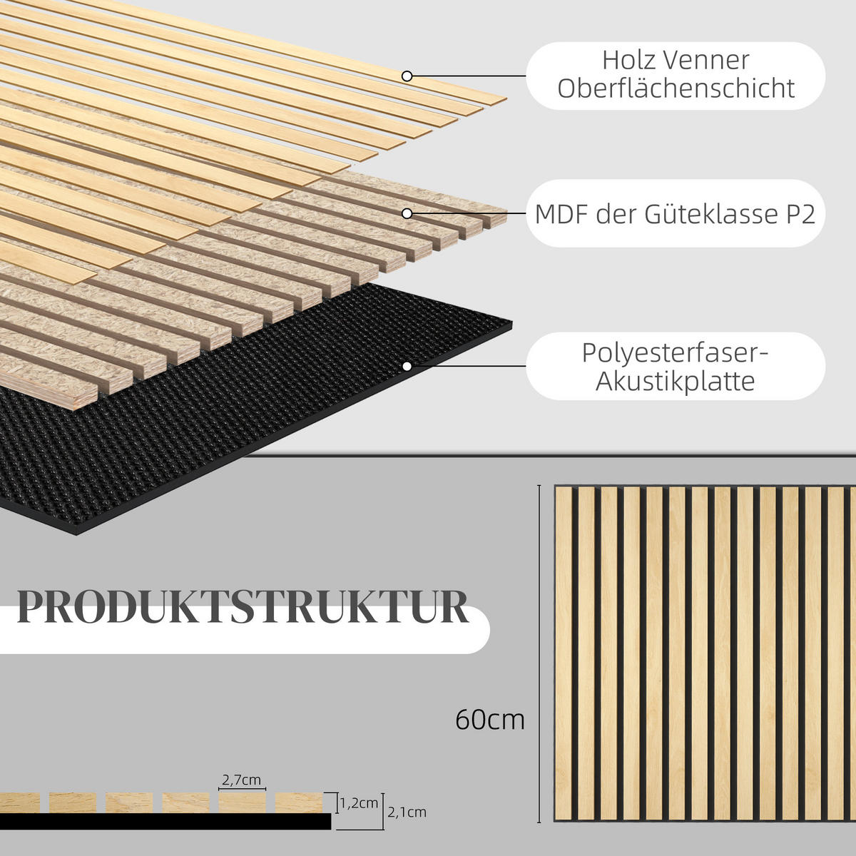 AKUSTIKPANEELE 4 Stück - Eiche Bianco, Holzwerkstoff (60/2.1/60cm) - HOMCOM