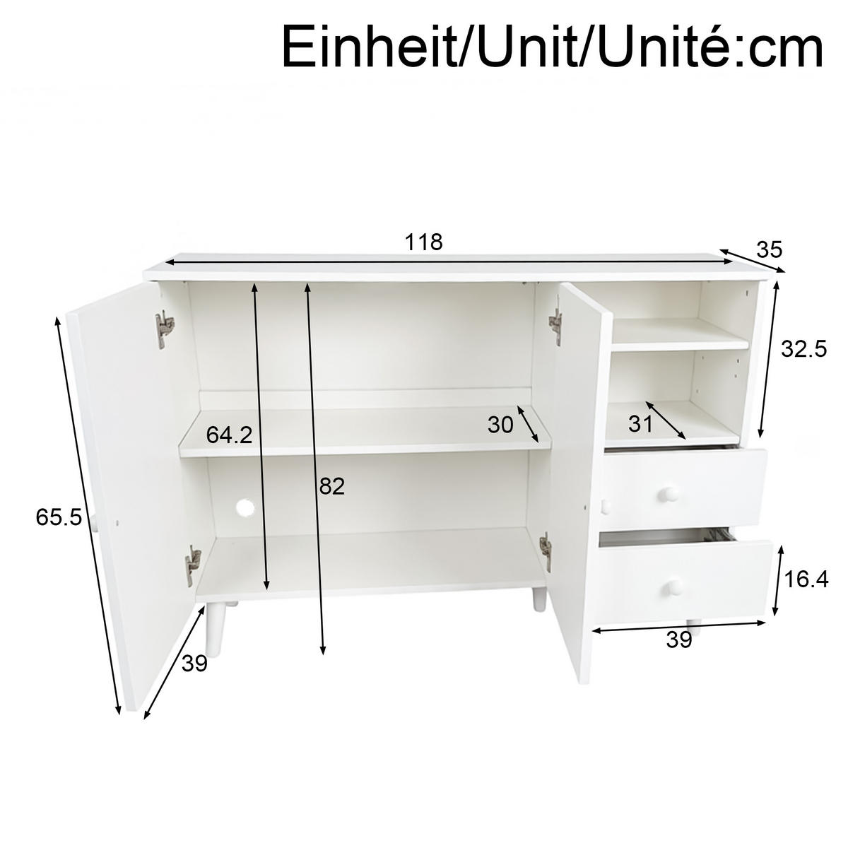 SIDEBOARD in Weiß mit Schubladen und offenen Fächern für Wohnzimmer, B118/T35/H82 cm - Weiß, Holzwerkstoff/Metall (118/82/35cm) - STILVORA