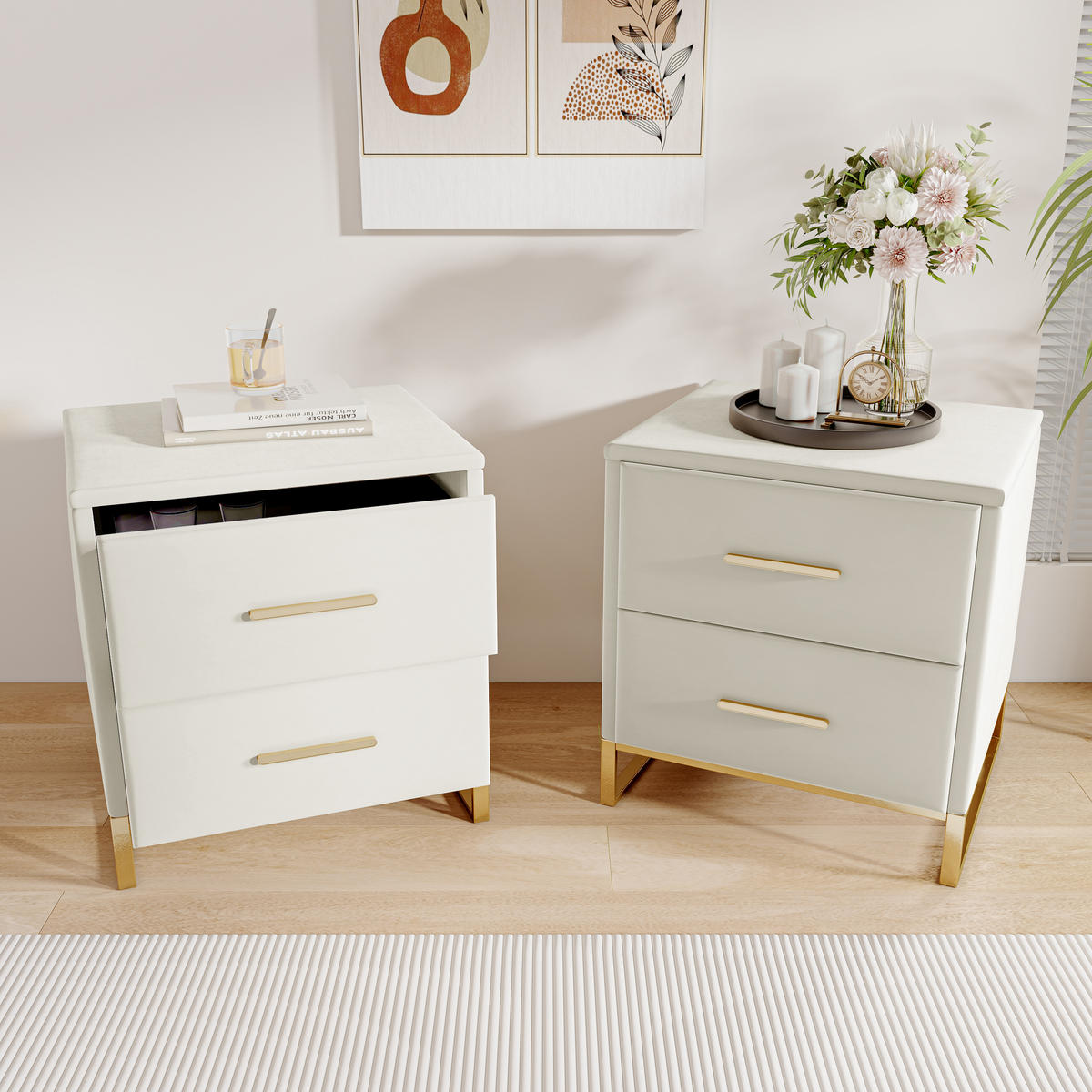 NACHTSCHRANK 2er Set mit 2 Schubladen, Nachttisch Beige mit Goldrahmen, in Samt, 40/40/50 cm - Beige/Goldfarben, Holz/Metall (40/50/40cm) - BPKADHY