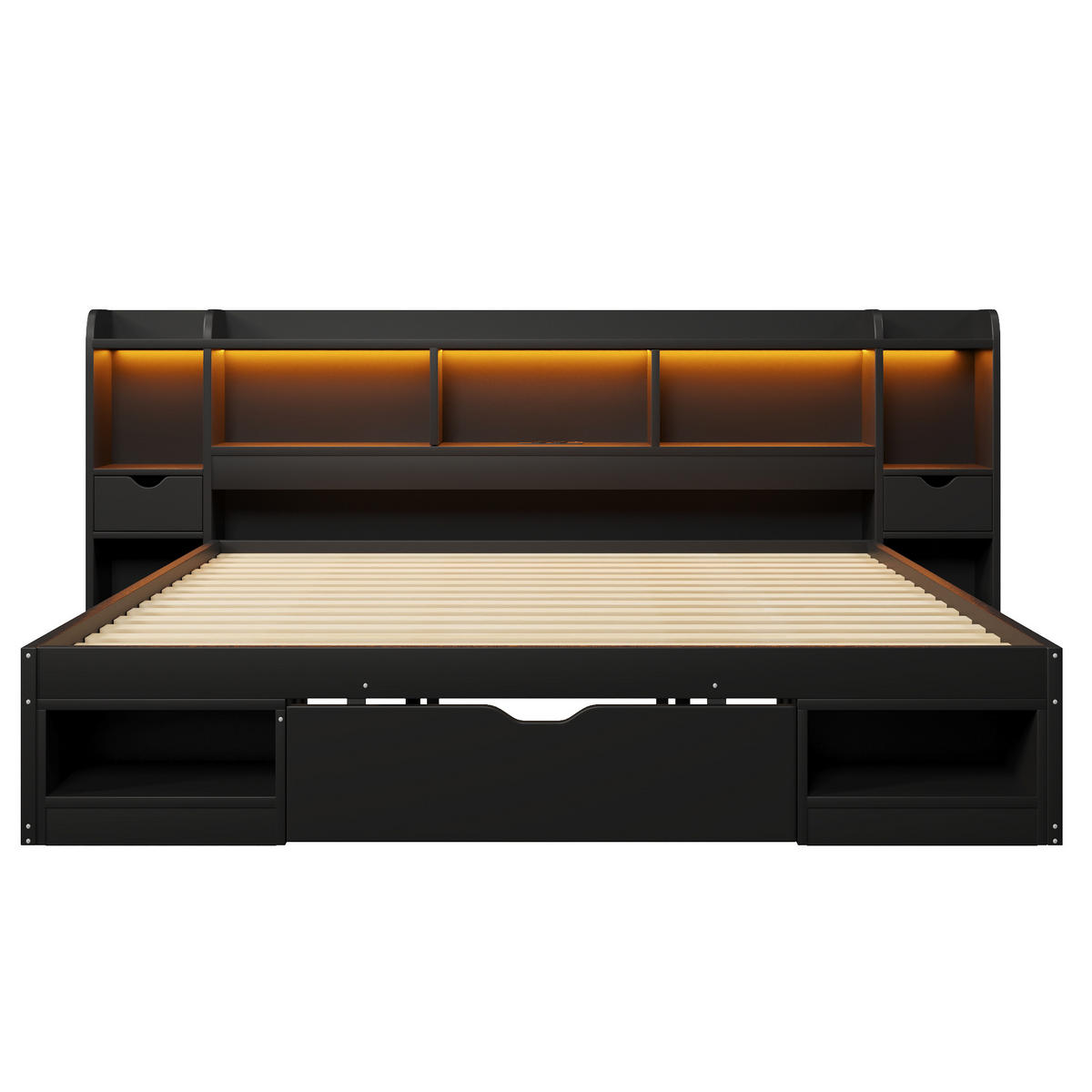 STAURAUMBETT 180 x 200 cm, Kopf- und Fußteil mit Stauraum, Schwarz - Schwarz, Holz (180/200cm) - KOMHTOM