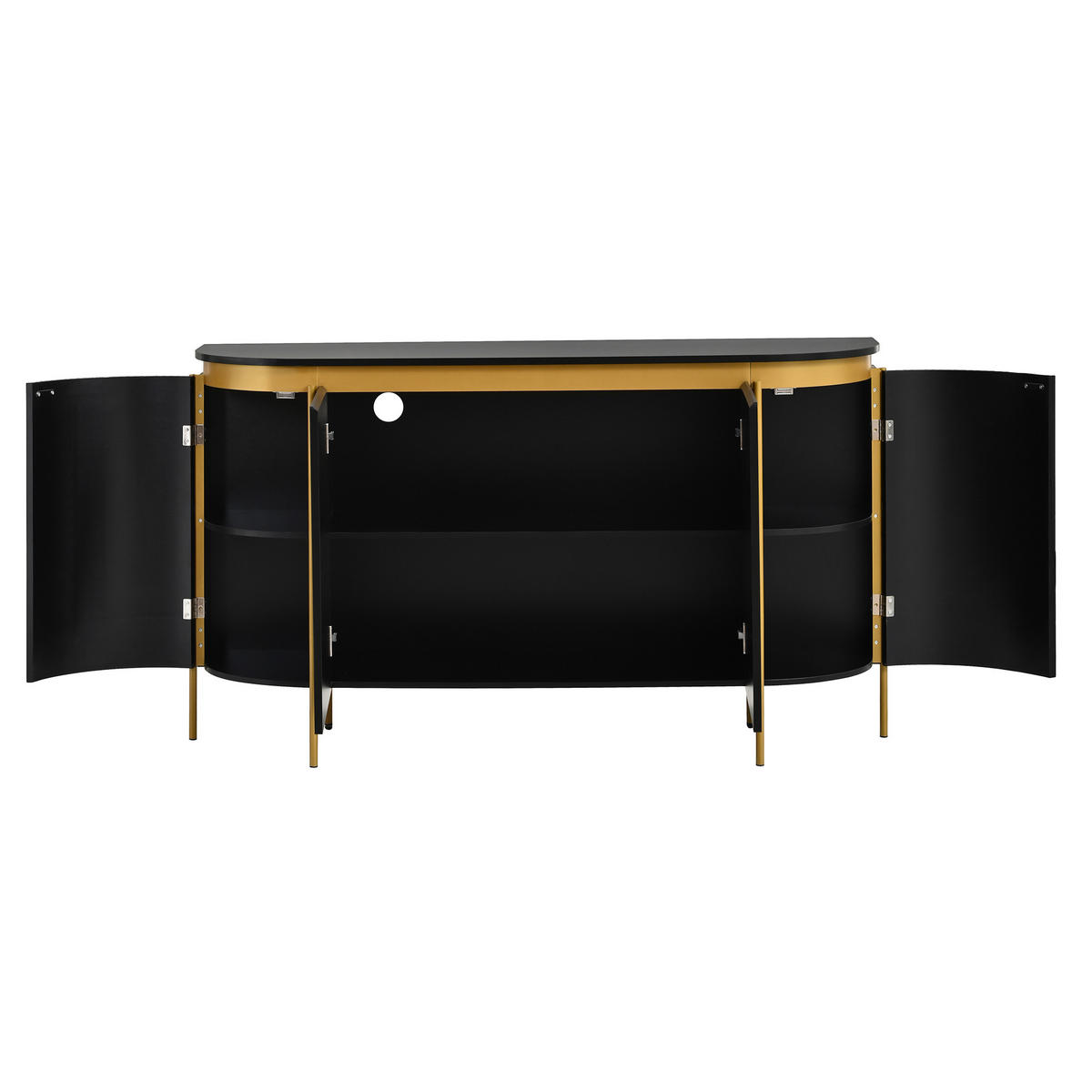 SIDEBOARD Oval 140cm MDF Riffel-Optik 4 Türen Gold-Details - Schwarz, Holzwerkstoff (140/80/38cm) - Urban Meuble