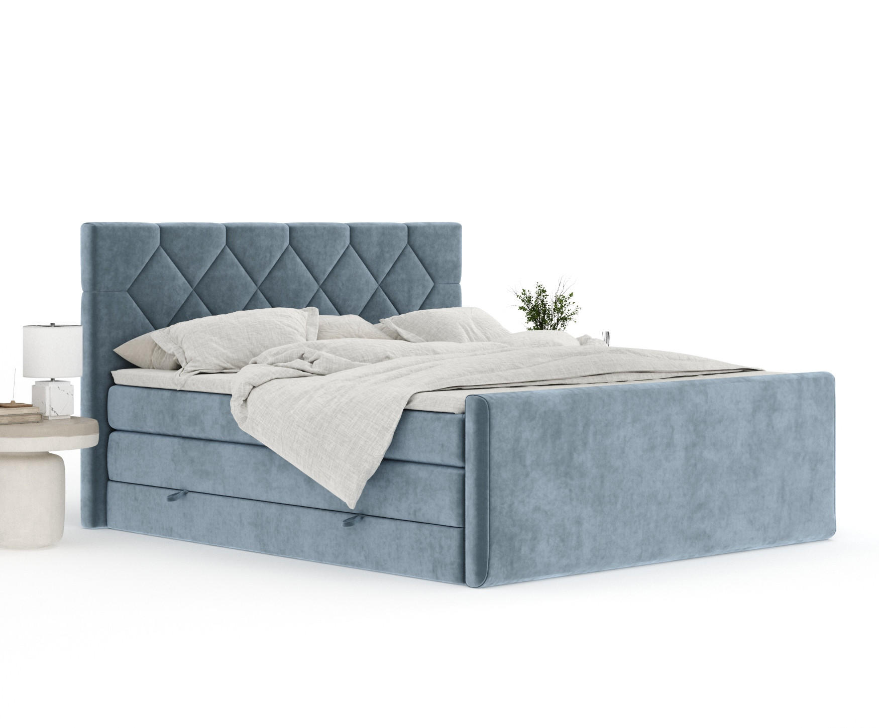 Thumbnail - Maison de Reve Boxspringbett, Blaugrau, Textil, Buche, Kiefer, H3 + H4, 7-Zonen, Höhe ca. 40 cm, 160x200 cm, Handmade in...