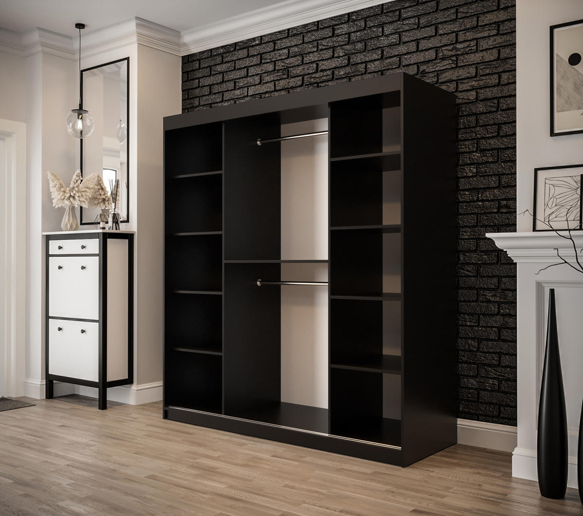 SCHWEBETÜRENSCHRANK 200/180/62 2-türig - Eichefarben/Schwarz, Holz/Kunststoff (180/200/62cm) - MÖBEL KRYSPOL