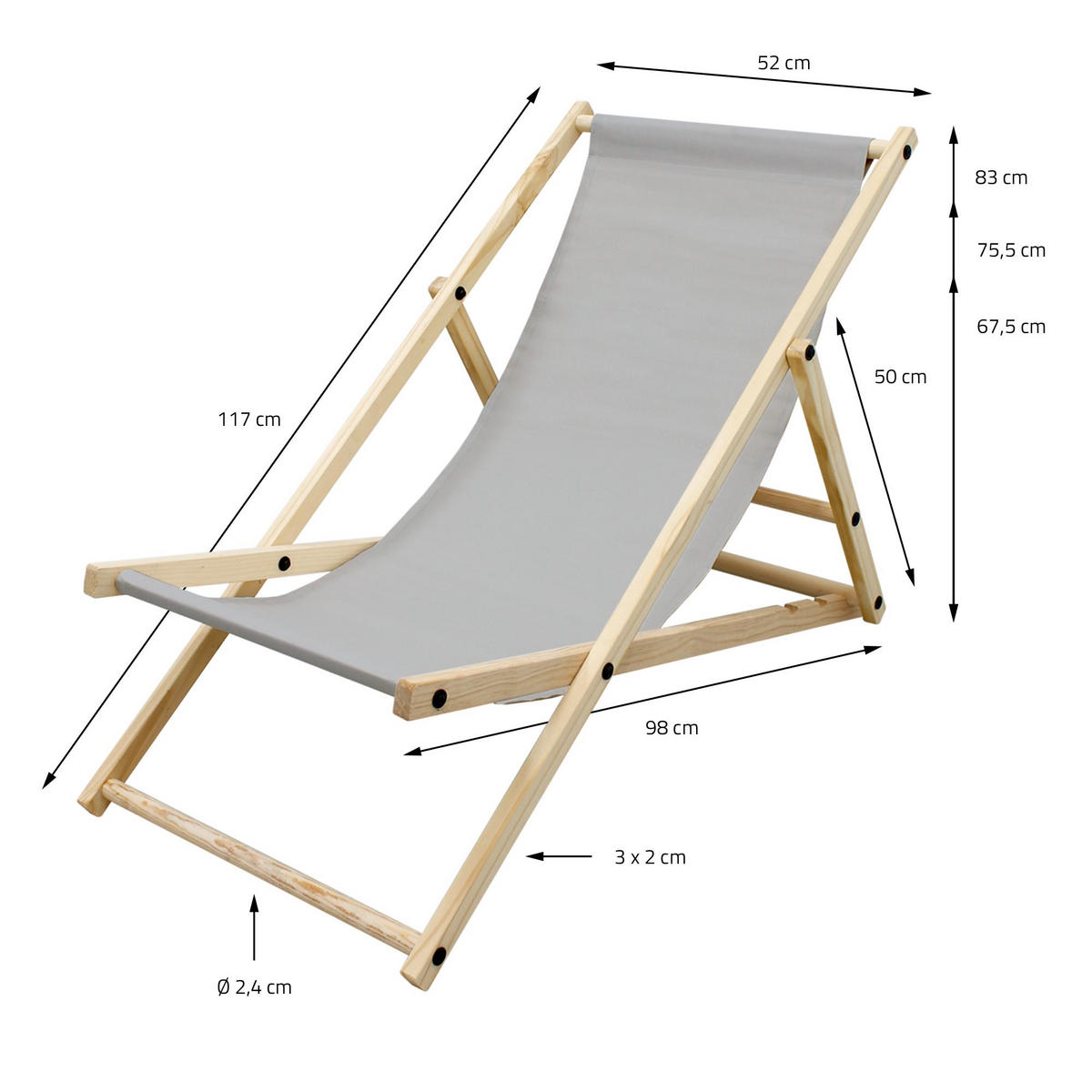 STRANDLIEGE 2er Set - Hellgrau, Holz (52/83/117cm) - ECD-Germany