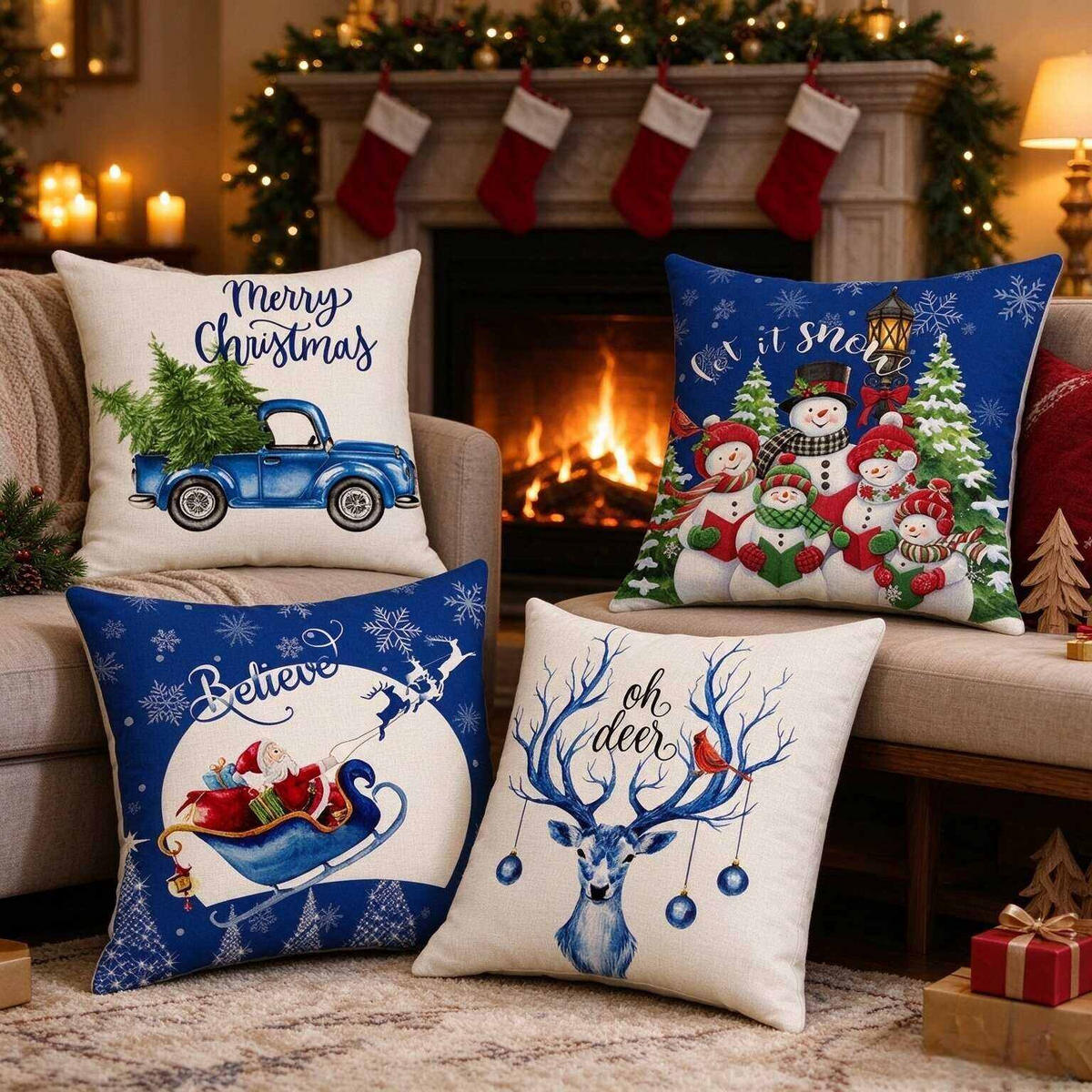 KISSENBEZUG – Weihnachtskissenbezug (Kissenfüllung nicht enthalten) – 45 x 45 cm – Multicolor(vier Stück) - Multicolor, Textil (45/45cm)