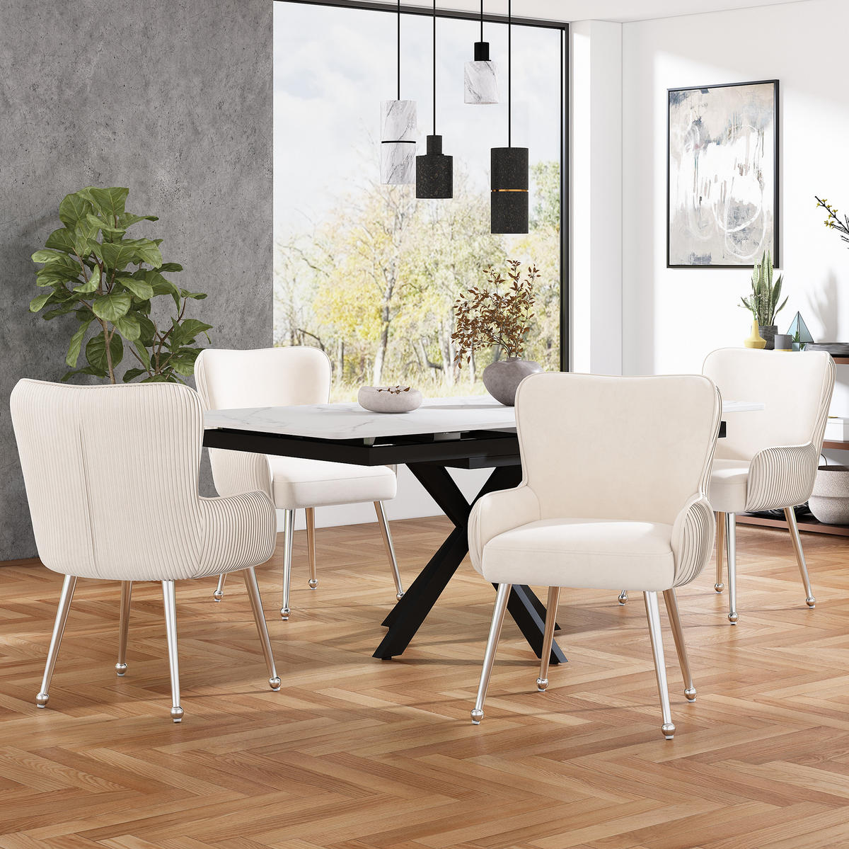 STUHL 6er-Set mit Armlehnen Samt Beige Metallbeine - Beige, Metall (53/83/57.2cm) - Meubliv