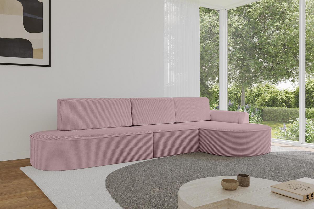 ECKSOFA mit Schlaffunktion Ottomane RECHTS MARI L2-S 368X167X85 Rosa Cord - Schwarz/Rosa, Holzwerkstoff/Kunststoff (167/368cm) - ALTDECOR