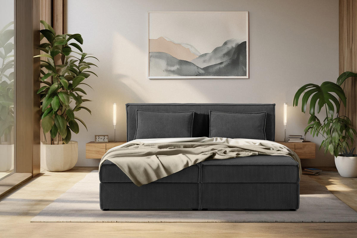 BOXSPRINGBETT ROTI mit Stauraum, dunkelgrau - Dunkelgrau/Schwarz, Holz/Holzwerkstoff (180/200cm) - KONSIMO®