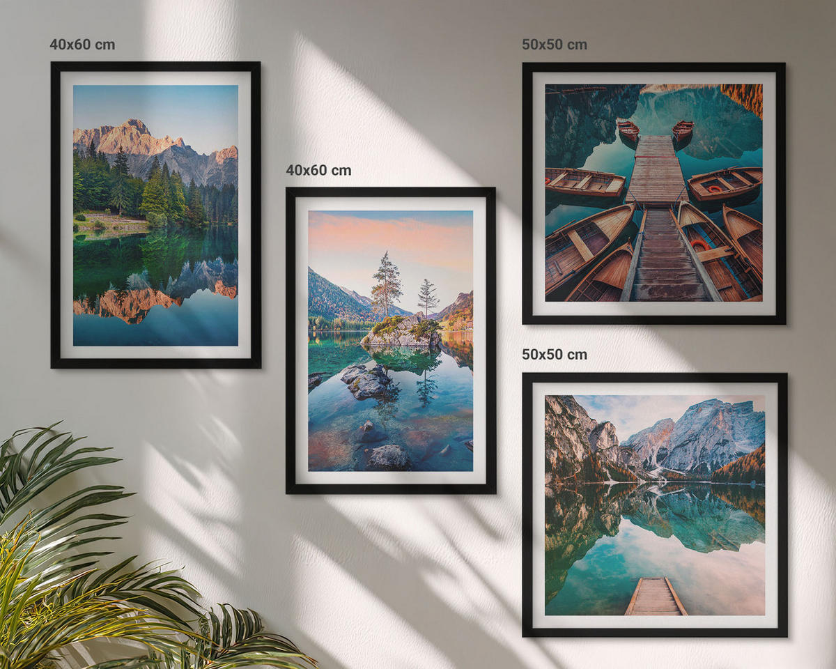 BILDER SET 4er Set - 50x50 cm & 40x60 cm Schwarzer Rahmen - Spiegelung des Waldes in Bergseen - Schwarz, Kunststoff (50/50cm) - TULUP
