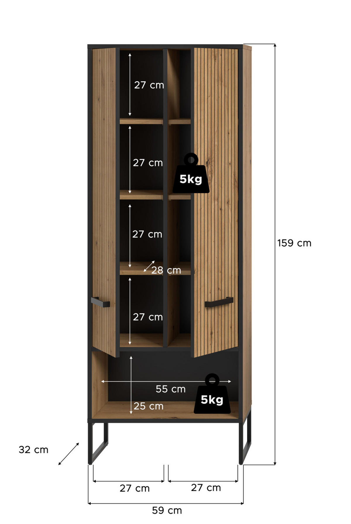 HOCHSCHRANK Eiche Artisan, schwarz 59 cm, Badezimmer Schrank mit Soft-Close - Schwarz/Eiche Artisan, Holzwerkstoff/Kunststoff (59/159/32cm) - Inn.Furn