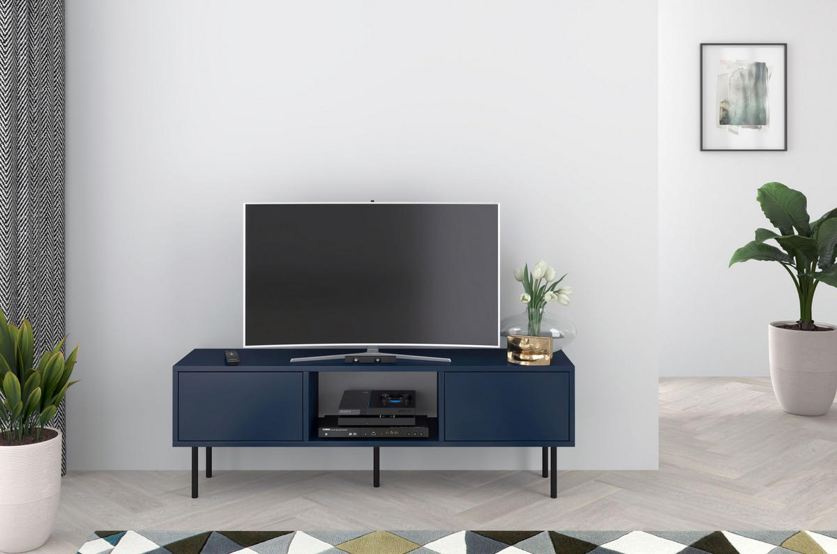 LOWBOARD Mirka, Marinblau, Push to Open System, Minimalistisch - Schwarz/Dunkelblau, Holzwerkstoff/Metall (130/47/35cm) - Dancan