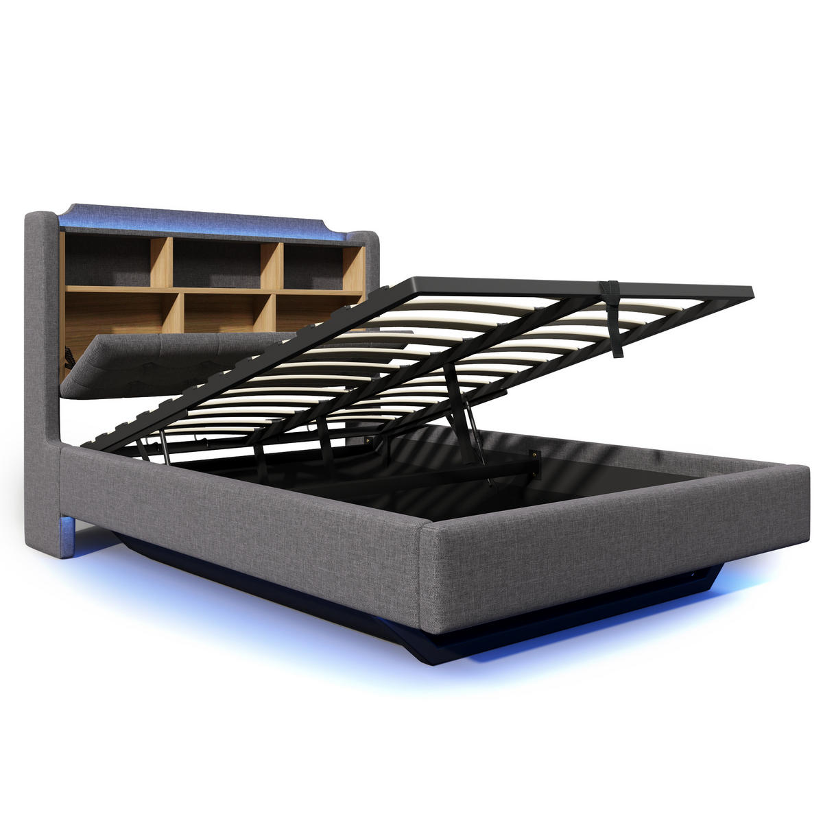 POLSTERBETT 140/200 cm Grau, mit Leinenstoff, LED-Licht und hydraulischem Stauraum - Grau, Textil