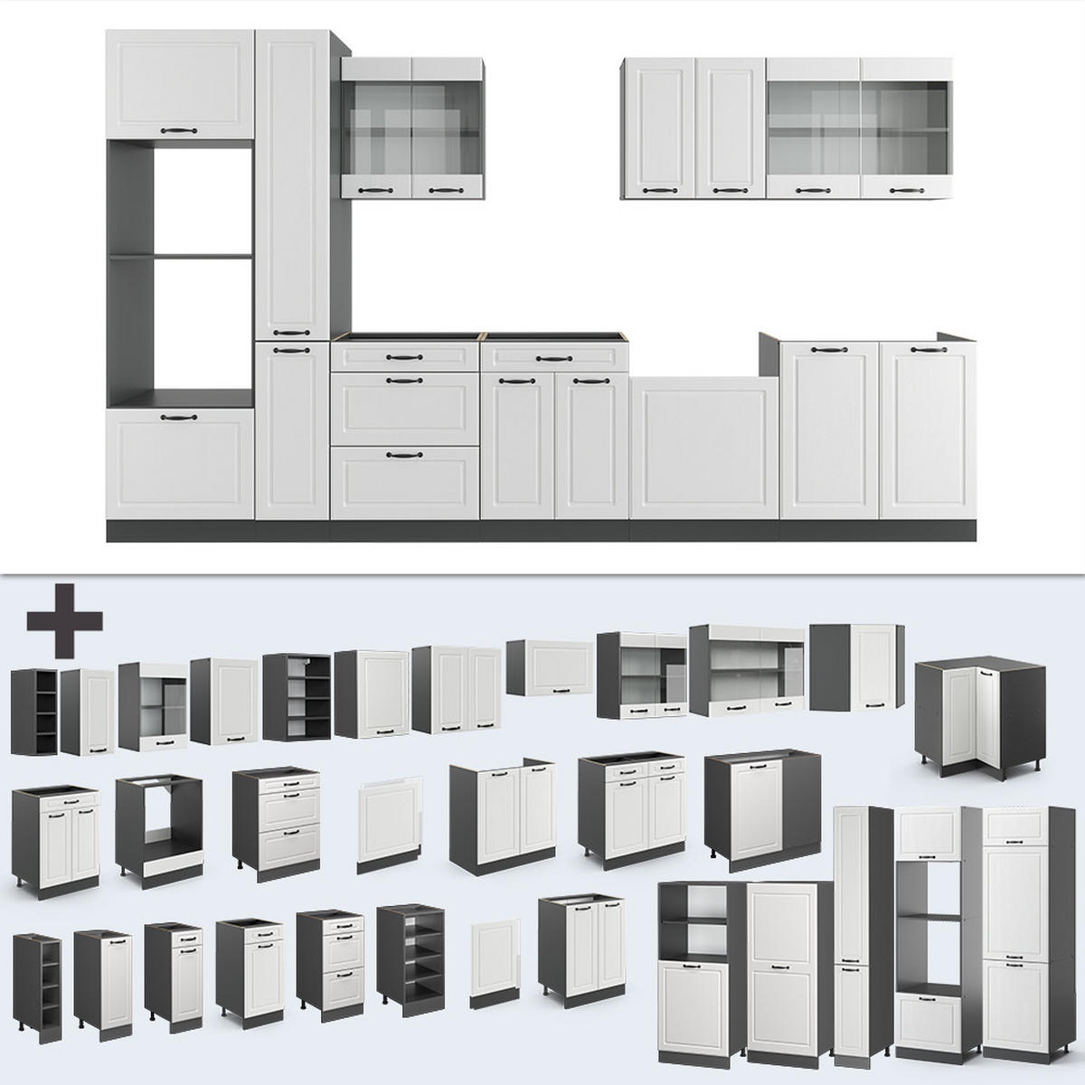 KÜCHENZEILE R-Line Weiß Landhaus/Anthrazit 350 cm mit Hochschrank ohne AP - Anthrazit/Creme, Holzwerkstoff (350/81.6/46cm) - Vicco