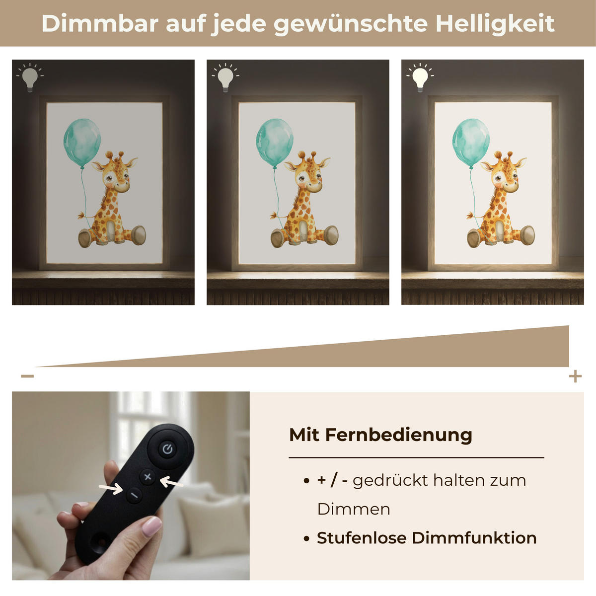 WANDLEUCHTE MIT AKKU Giraffe - Baby - Tiere - Blauer Ballon 30x40 cm - Weiß, Holzwerkstoff (30/40/8cm) - OnlyWow