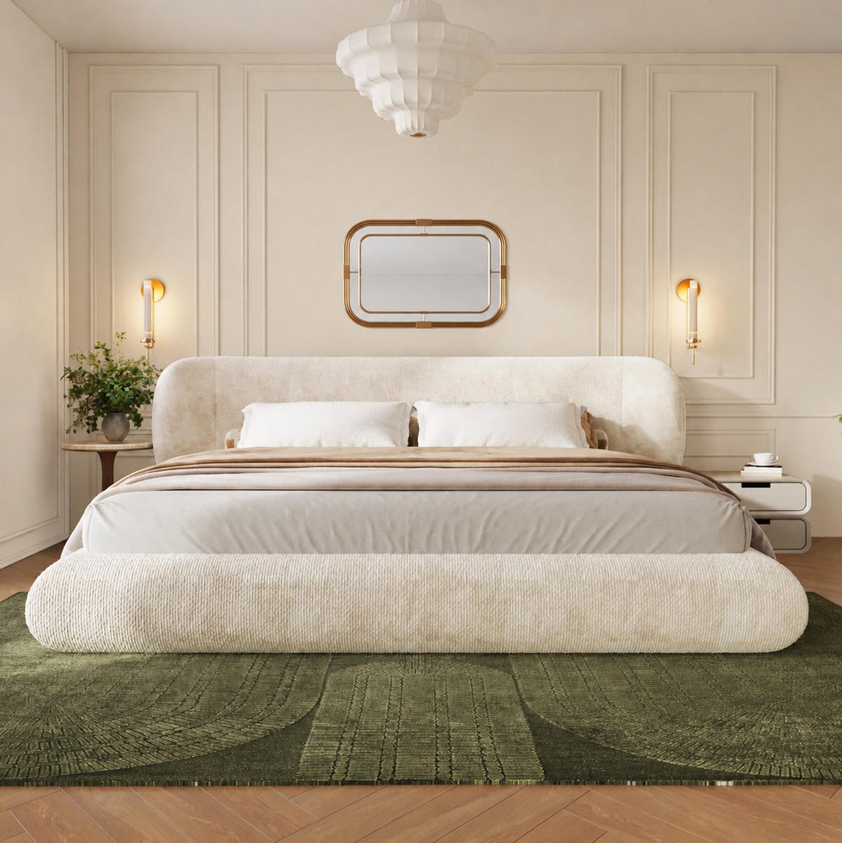 POLSTERBETT aus Chenille 180x200 cm Beige mit Lattenrost und gepolstertem Kopfteil - Beige, Textil (180/200cm) - Modfu
