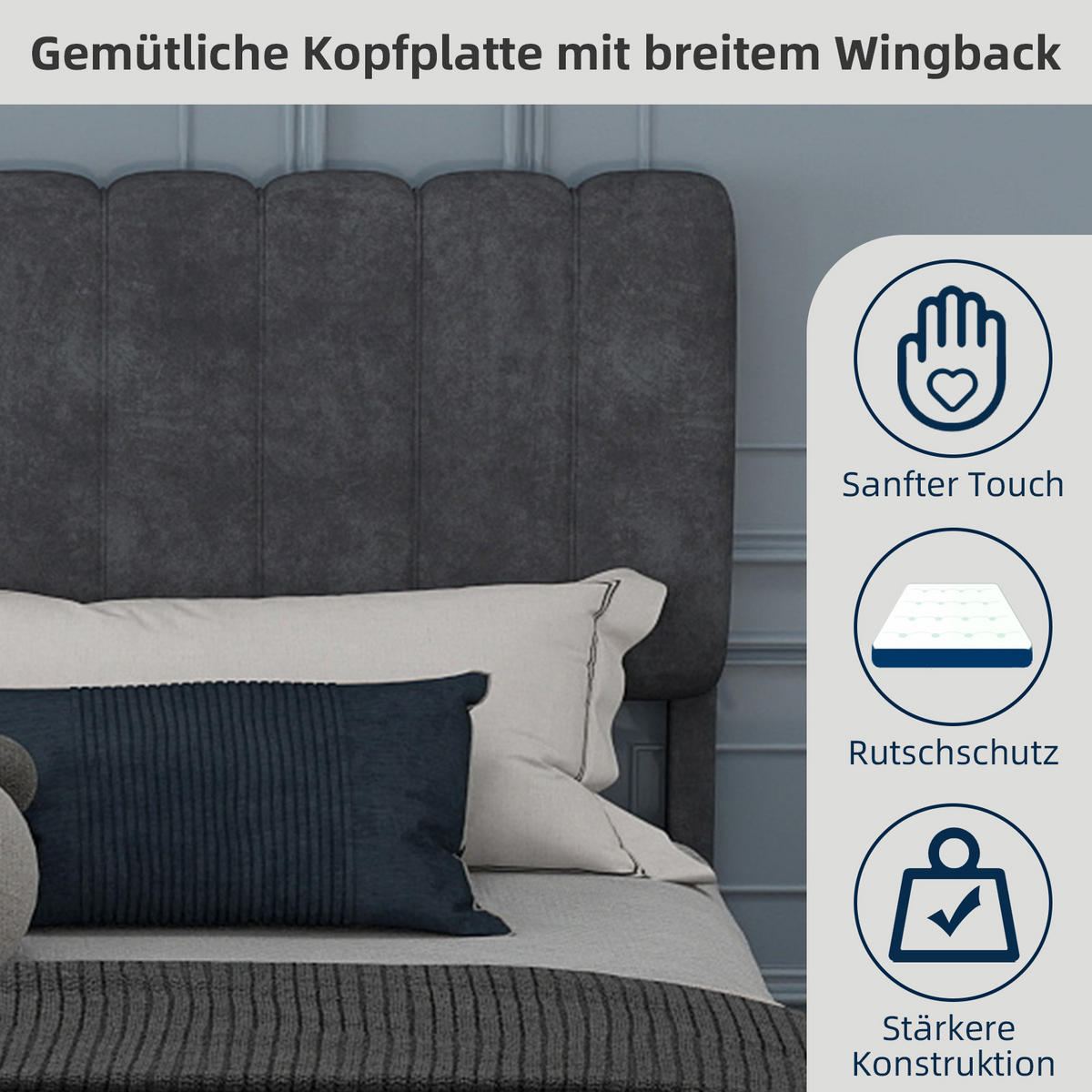 POLSTERBETT 160/200 cm in Grau Samt - Grau, Holzwerkstoff/Textil (160/200cm) - WISHDOR