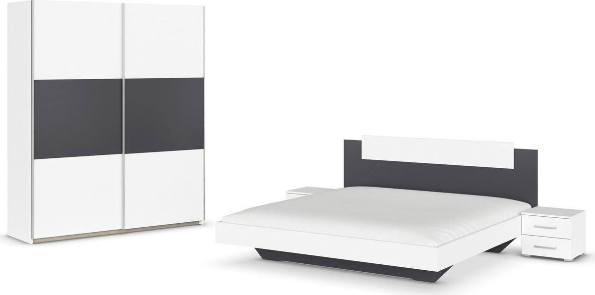 SCHLAFZIMMER Borba in Weiß und Grau 4 teilig – mit Bettanlage 180x200cm, zwei Nachttisch und Schwebetürenschrank 175cm Breite - Weiß, Holzwerkstoff (80/200/120cm)
