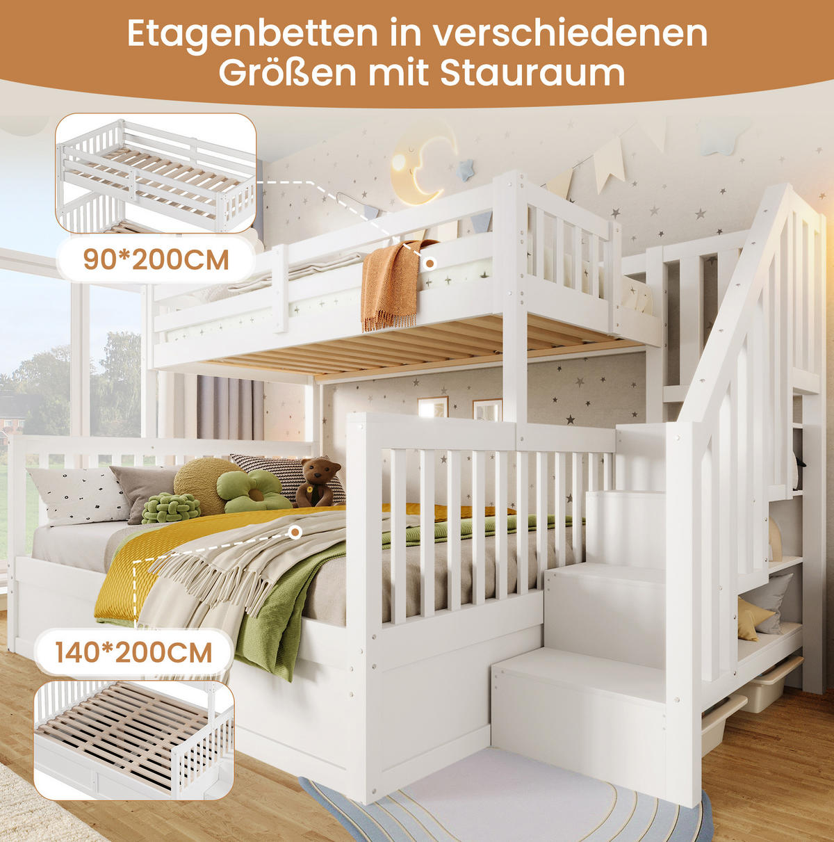 HAUSBETT 90/200 cm + 140/200 cm mit Stauraum und Treppe in Weiß - Weiß, Holz (90/200cm) - BEAOK