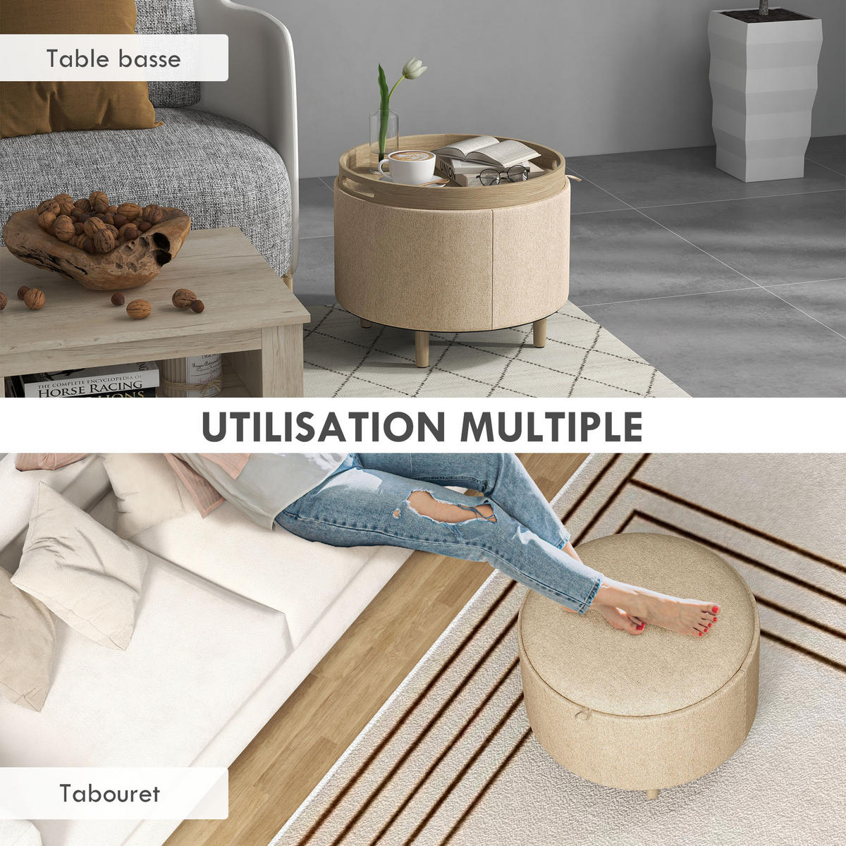 POUF DE-16380 3-in-1 mit reversiblem Deckel und Holzbeinen Beige - Beige, Textil (56/42/56cm) - ComfortXL