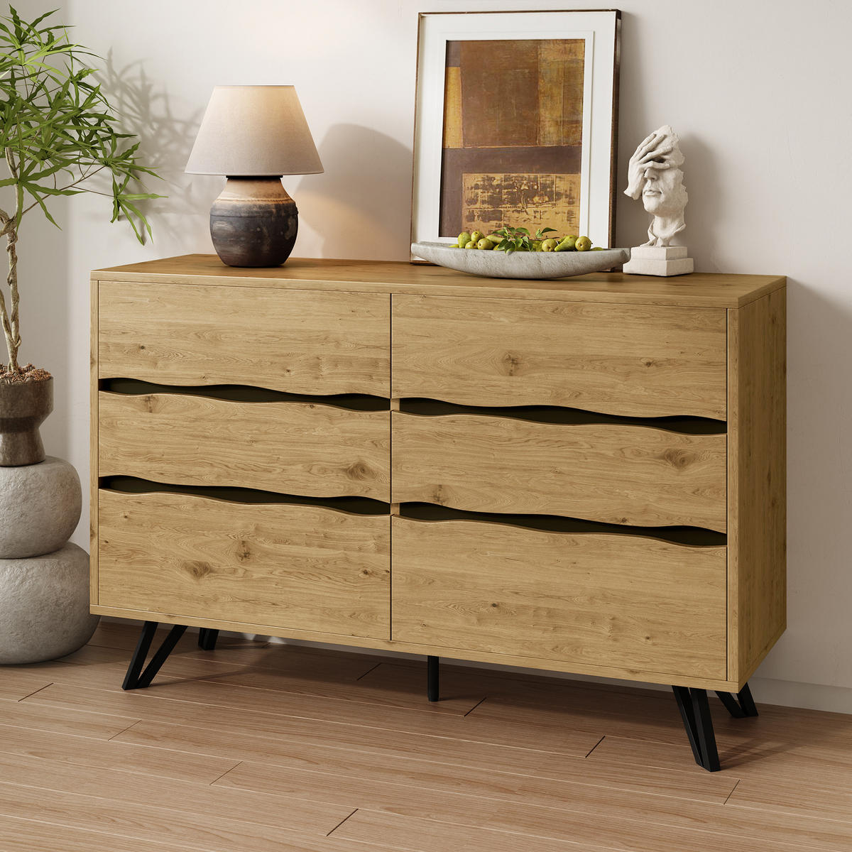 SIDEBOARD mit 6 Schubladen, Holzoptik mit wellenförmigen Fronten und schwarzen Metallfüßen, 120/40/75,5 cm,Naturfarben - Naturfarben, Holzwerkstoff (120/75.5/40cm) - Redom