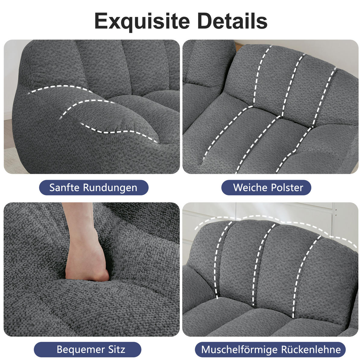 3-SITZER SOFA aus granuliertem Fleece, frameless Lounge-Design ohne Montage - Grau, Textil (288/79/104cm) - Urban Meuble