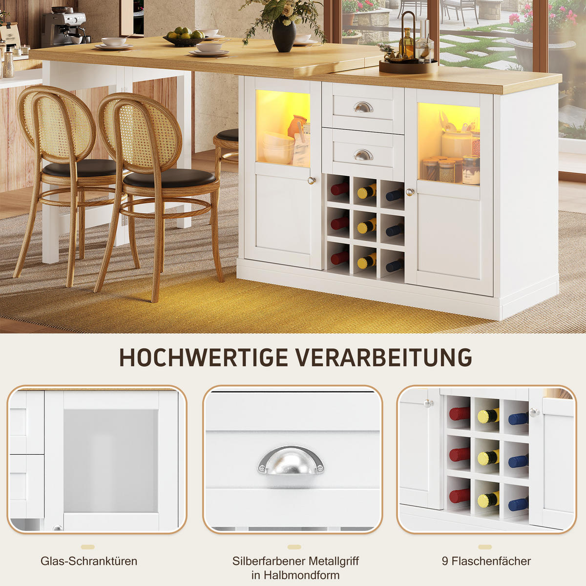 ESSTISCH Ausziehbar 120–197cm 360° LED Stauraum Weinregal - Weiß, Holzwerkstoff (40/120/72cm) - FLIEKS