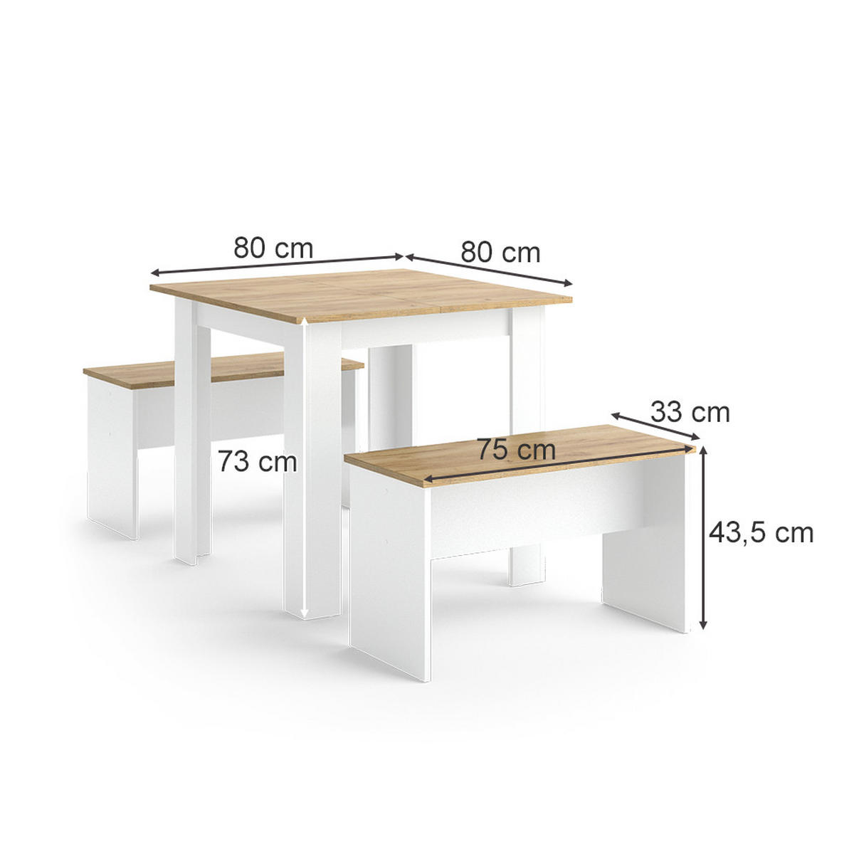 ESSTISCH SET Sentio Weiß/Goldkraft Eiche 80 x 80 cm mit 2 Bänken - Honigeiche/Weiß, Holzwerkstoff (80/73/80cm) - Vicco