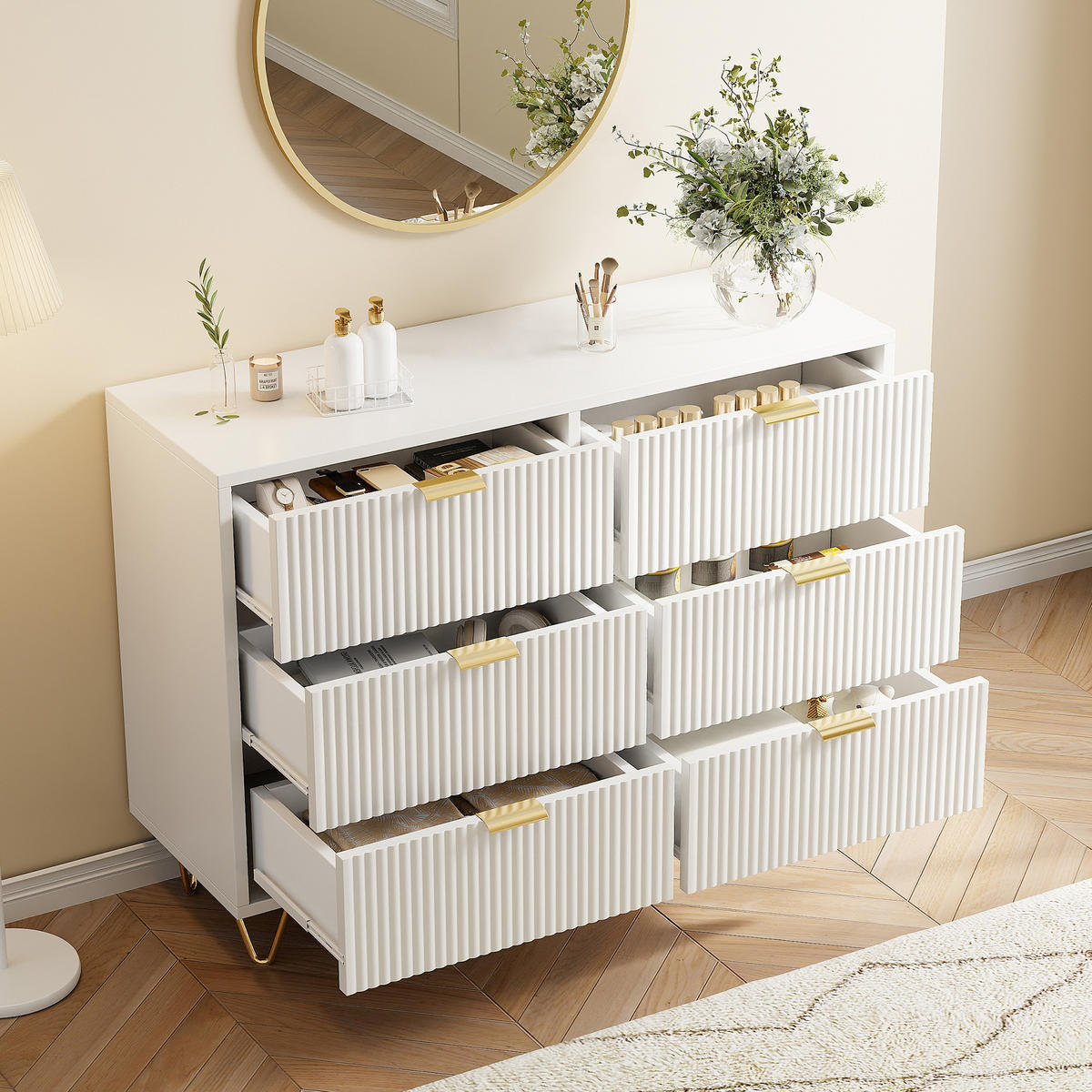 KOMMODE Modern‑Weiß mit vertikalem Rillendesign & goldenen Metallakzenten 34/100/73 cm - Weiß, Holz (100/73/34cm) - Joyfair