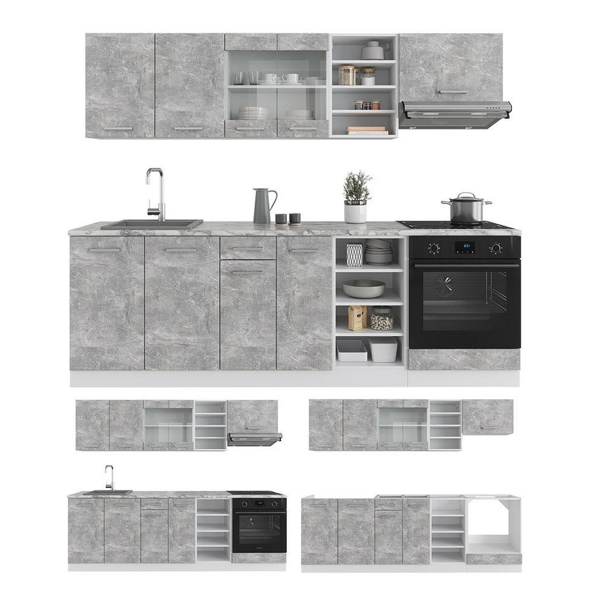 KITCHENETTE R-Line Beton/Alb 240 cm , AP Antracit - alb/gri, compozit lemnos (240/206.8/60cm) - Vicco