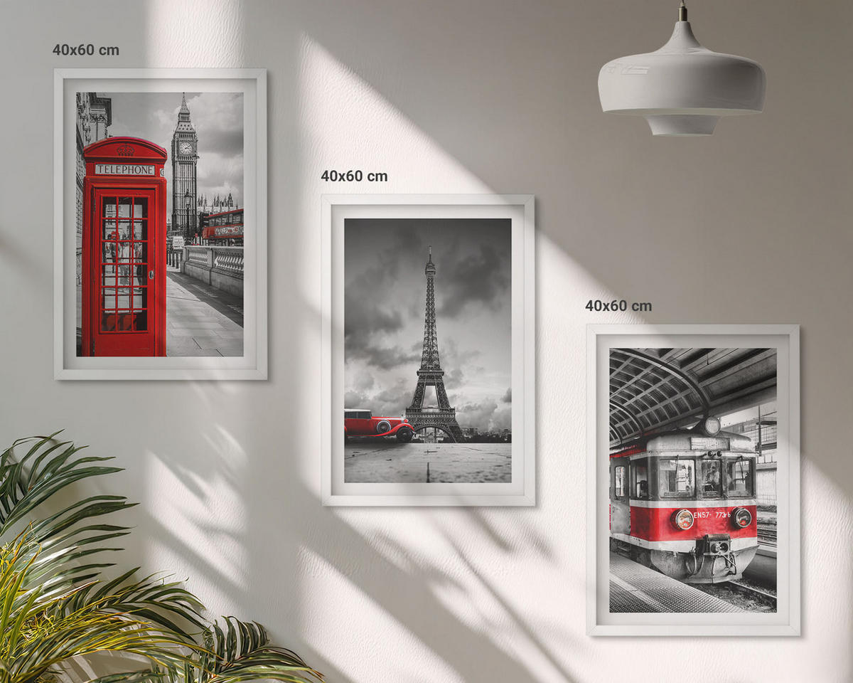 BILDER SET 3er Set - 40x60 cm Weißer Rahmen - Ikonen London Paris Verkehr - Weiß, Kunststoff (40/60cm) - TULUP