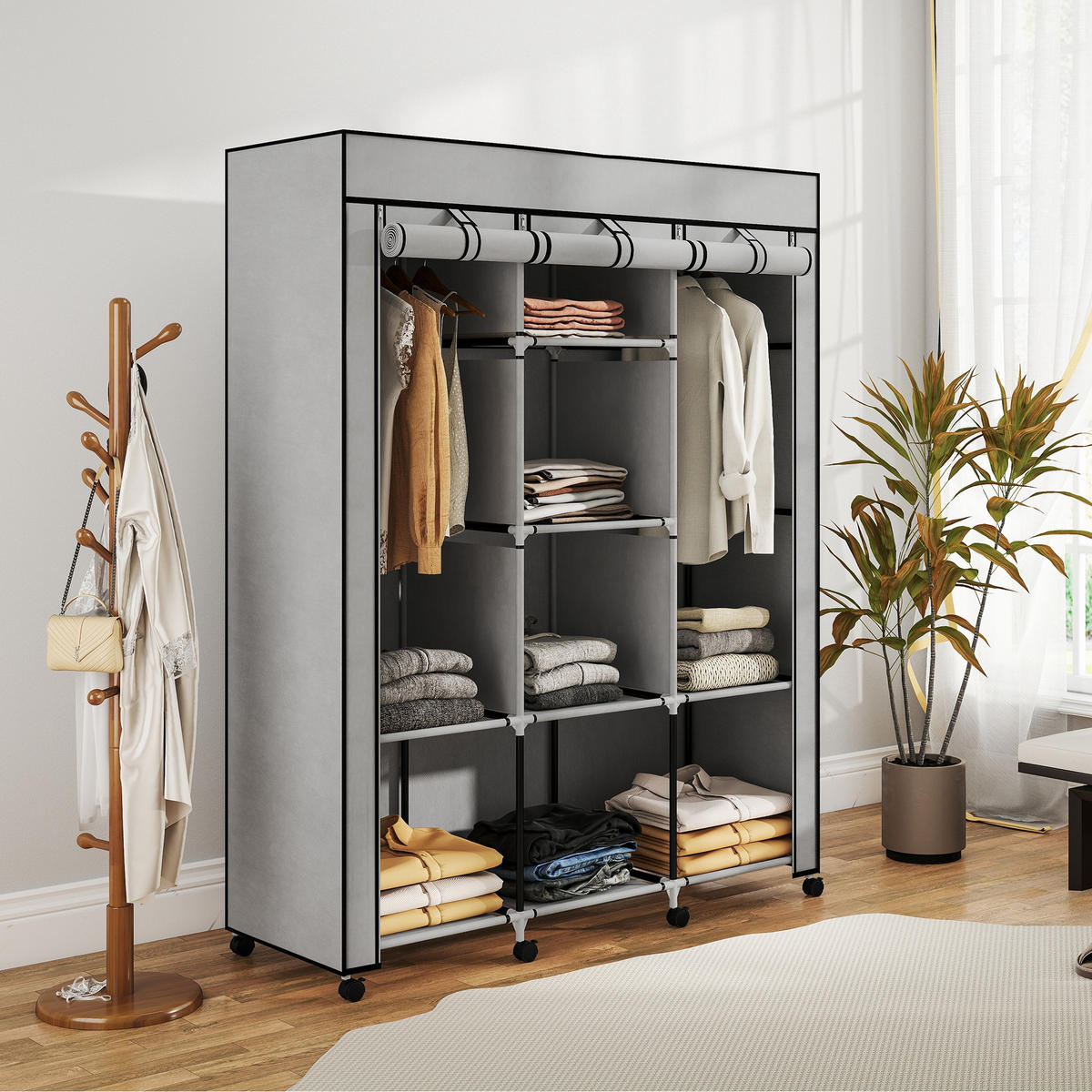 STOFFSCHRANK Faltschrank Kleiderschrank mit Kleiderstangen 8 Ebenen Hellgrau - Hellgrau/Schwarz, Kunststoff/Textil (43/162.5/125cm) - HOMCOM